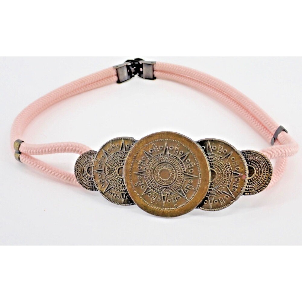 Vintage 80's Pink Brass Toned Medallion Belt Buckle on Stretch Rope Belt 27"